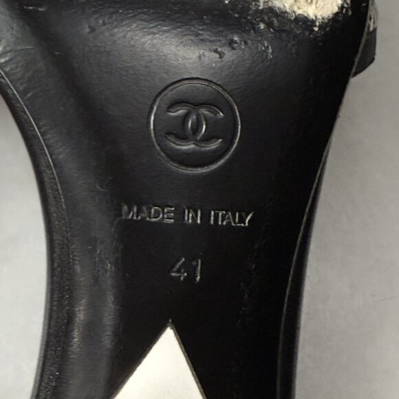 CHANEL CC LOGO LEATHER MULES SHOES HEELS BLACK - Picture 7 of 8